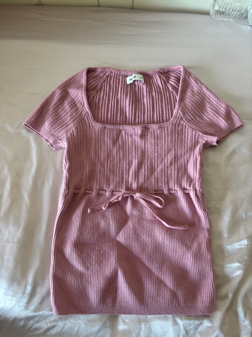 Hollister Ribbed Square-Neck Pink Knit Top with Waist Tie